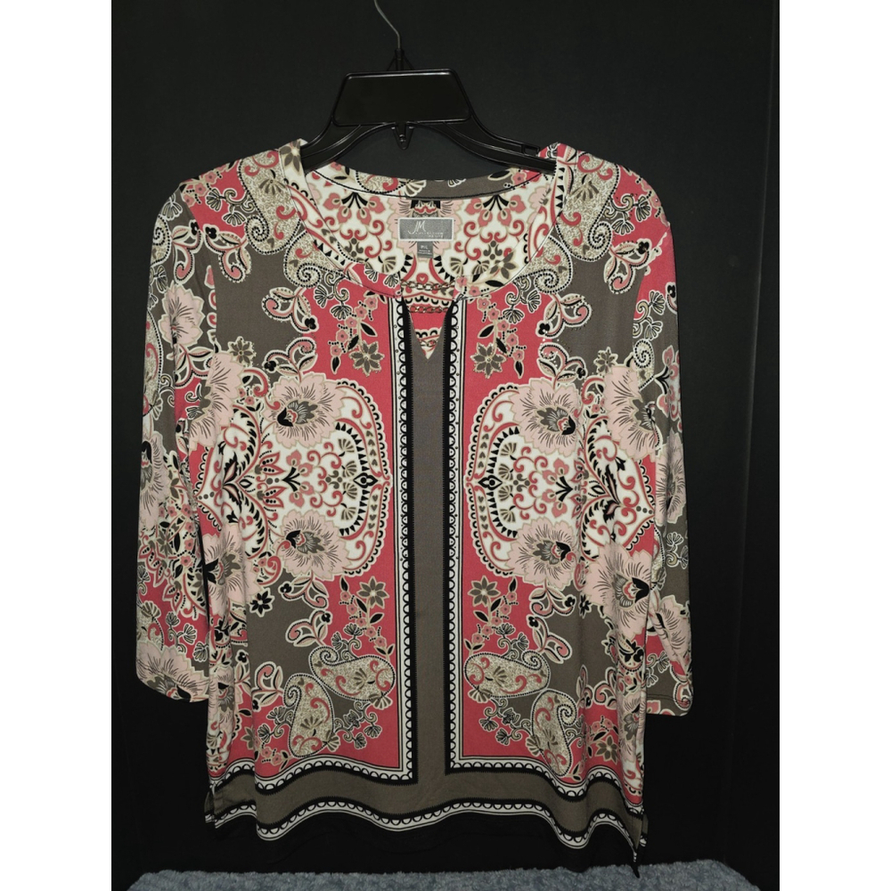 JM Collection Top Womens Large Pink Cream Floral Long Sleeve Studded Artsy